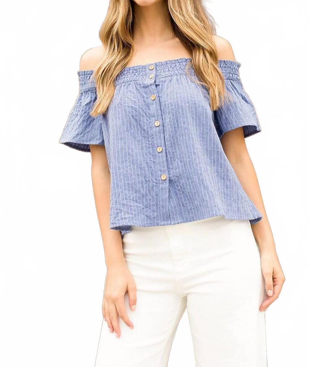 NEW THML stripe button down off shoulder top in dusty blue